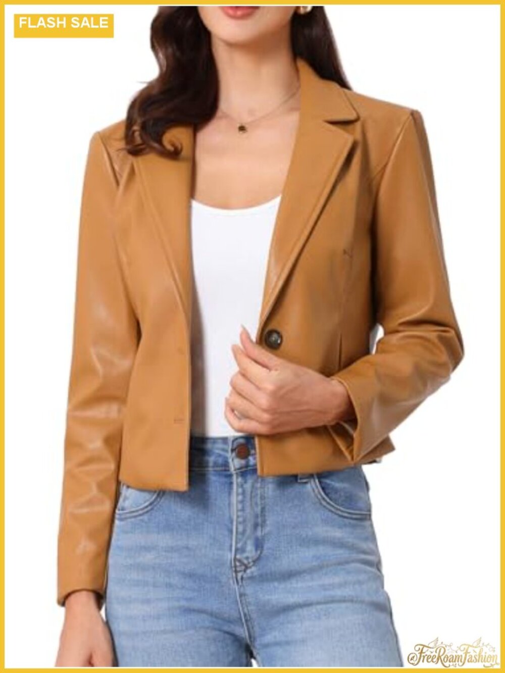 Faux PU Leather Cropped Motorcycle Jacket Button Down Notch Lapel